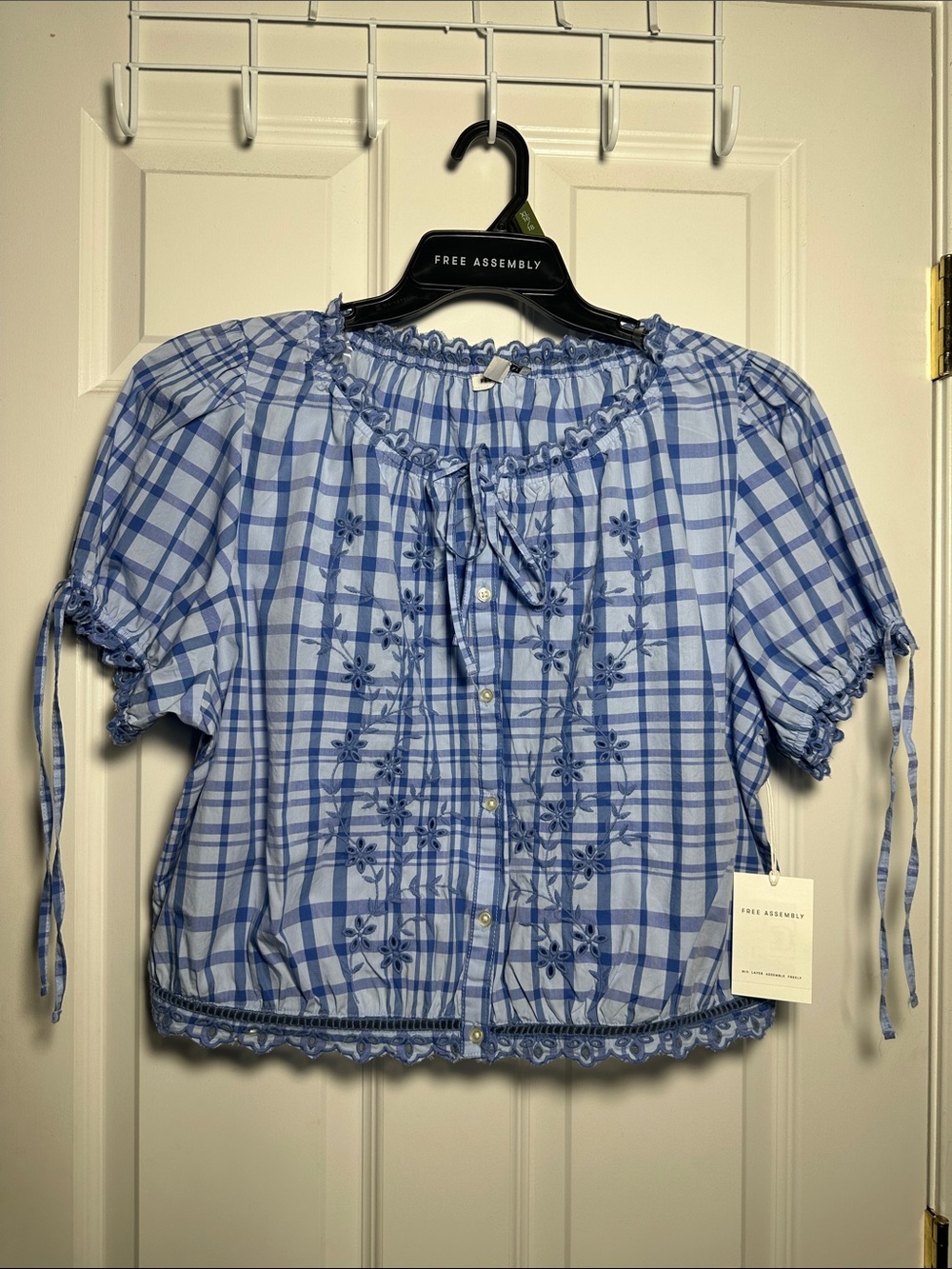 NWT Free Assembly Blue Plaid Embroidered Peasant Crop Top Sz XL 16-18